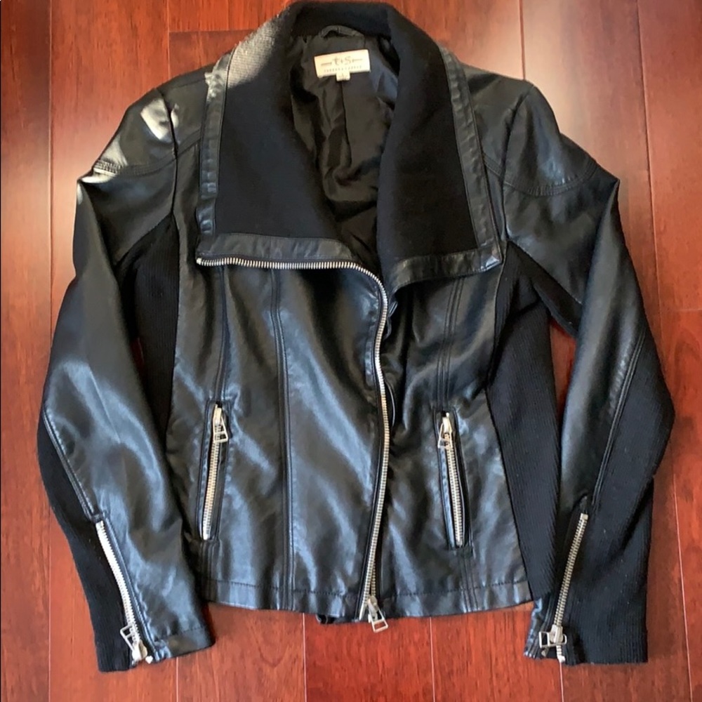 Black vegan leather and sweater Moto jacket